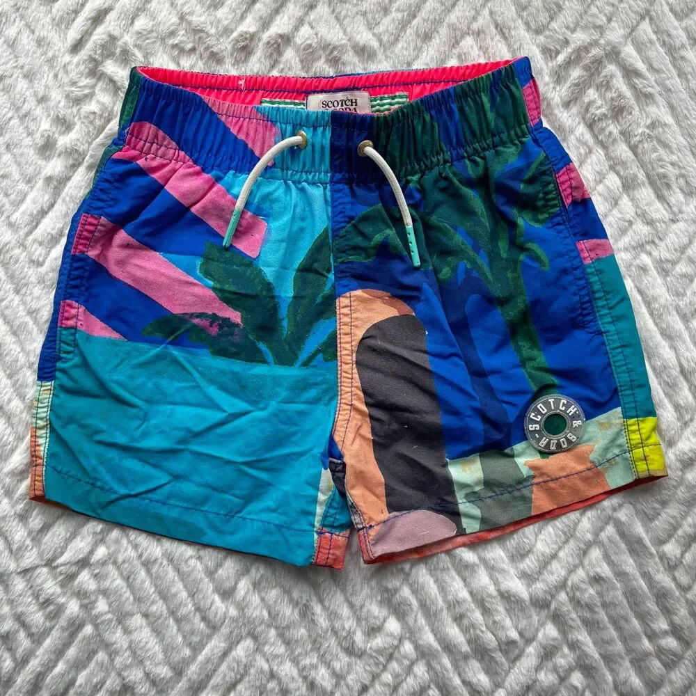 Scotch & Soda Boys Size 4/104 Colorblock Tropical Swim Trunks Shorts Blue